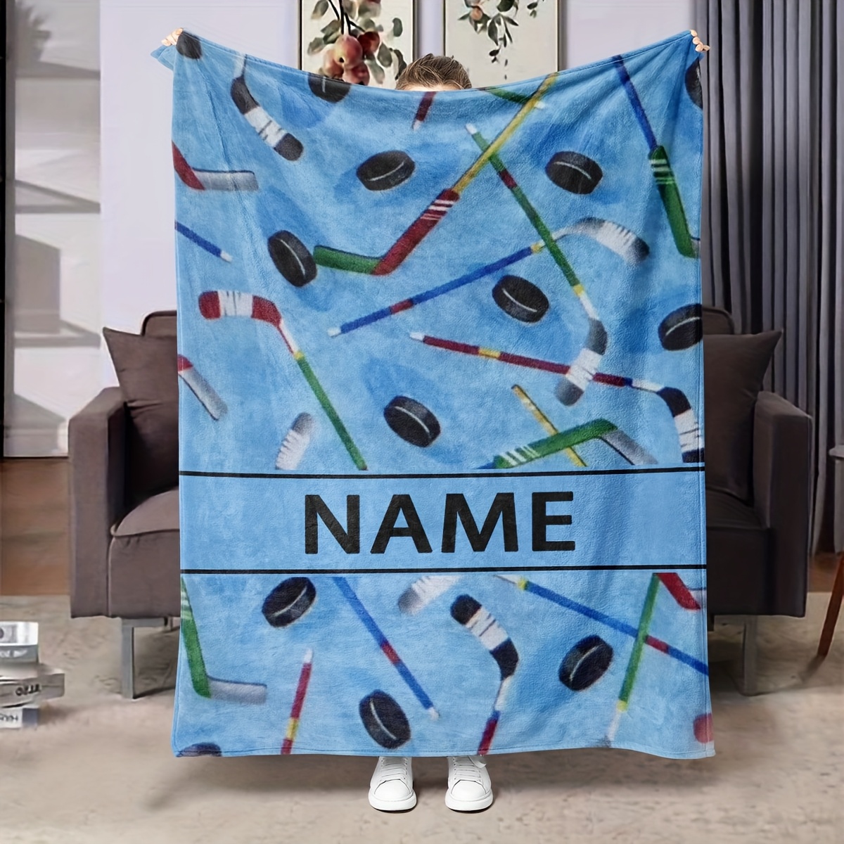 TEMU A Hockey Printed Plush Blanket, Personalized With A Name, Lightweight And Soft, Suitable For Beds, Sofas, Camping, And Travel, Providing In ,