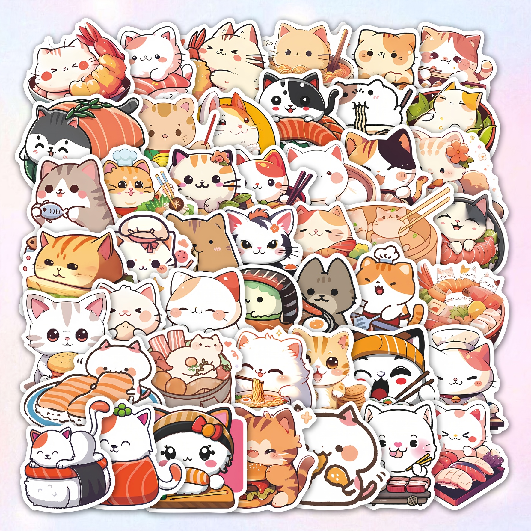 Image of 50pcs Sushi Cat Trendy Stickers | Vinyl Decals With Food-cat Designs | For Laptop, Luggage, & Decor | For Cat/food Fans, Style Lovers & Sweet Aesthetic Enthusiasts