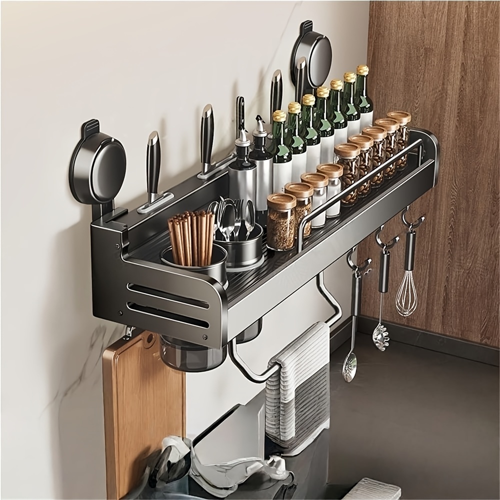 Image of Wall-mounted Kitchen Spice Rack With 2 Utensil Holders And 6 Hooks, No-drill Space- Storage Shelf, Heavy-duty Aluminum, Gun Ash, 40cm/15.7in, Suitable For Kitchen