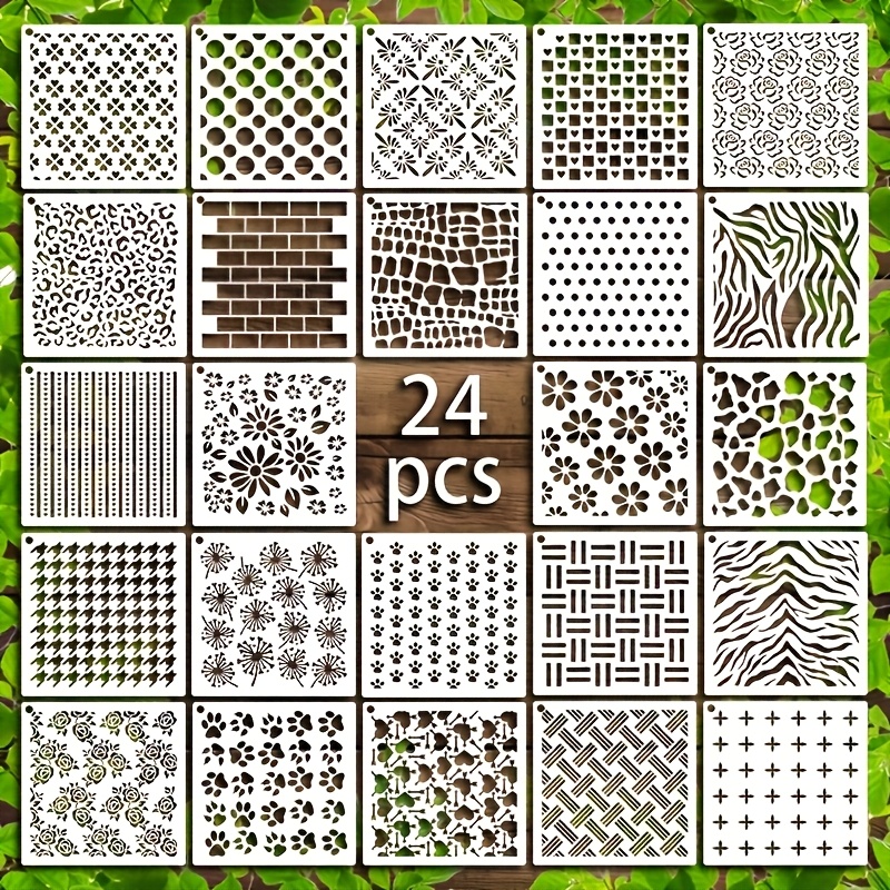 TEMU 24pcs Multi-functional Background Texture Hollow-out Painting Stencil Set - Floral, Leopard Print, Zebra Stripe, Brick Wall, Polka Dot, Heart,