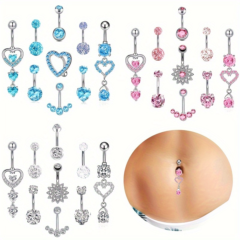 

Stainless Steel Belly Button Rings, Assorted Color Rhinestone Dangle Navel Piercings, Simple Heart Pendant, Body Jewelry For Women, Fashion Accessory Set