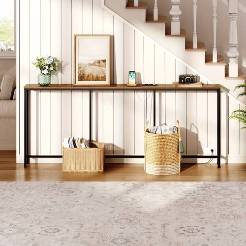 table de salon rectangulaire de 200 cm de long - pour , pour un table de chevet ou un canapé, une table dentrée moderne et mince avec rangement, convient pour , lentrée, , marron