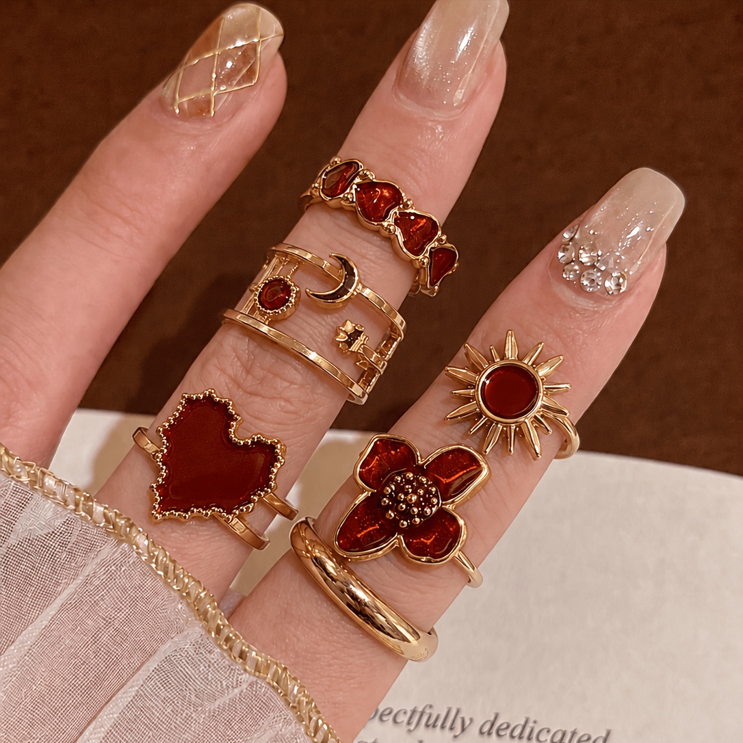 TEMU 6pcs Fashion Trendy Elegant Grand Luxurious Vintage Old Money Brown Sunflower Madered Color Drip Geometric Pattern Wide Band Ring Set Women's