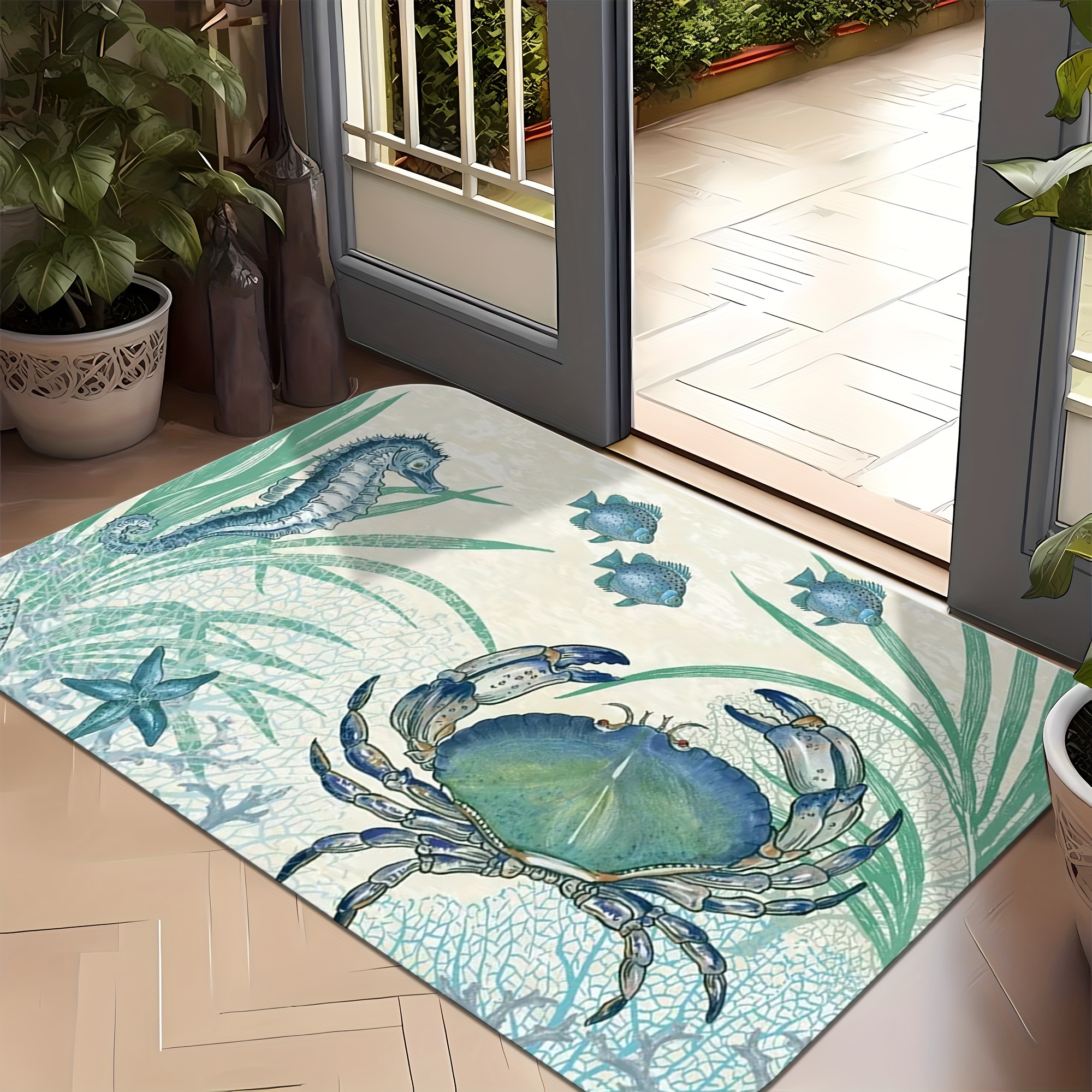 

Crab And Seahorse Pattern Welcome Mat - Non-slip, Easy To Clean, Waterproof, Machine Washable, Durable Polyester, Suitable For Living Room, Bedroom, Kitchen, Office, And Vacation Home Decorations