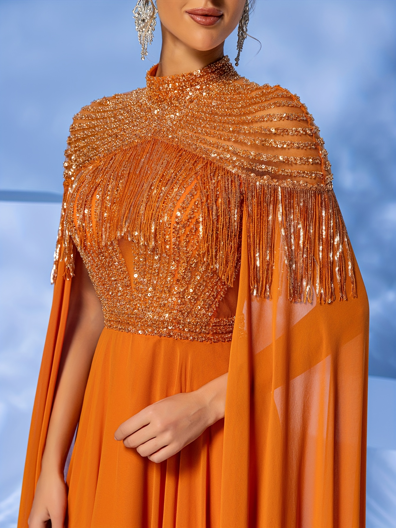retro fringed elegant beaded stand collar extra long chiffon - Temu Oman