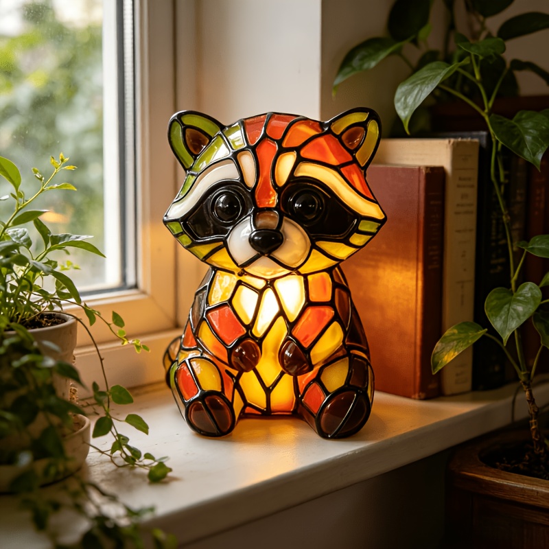 Mosaic Craft Resin Raccoon Night Light, Usb Charging Cute Forest Raccoon Led Lamp, Gentle Warm Light For Kid's Bedroom Nursery, Unique Animal Themed Home Accent