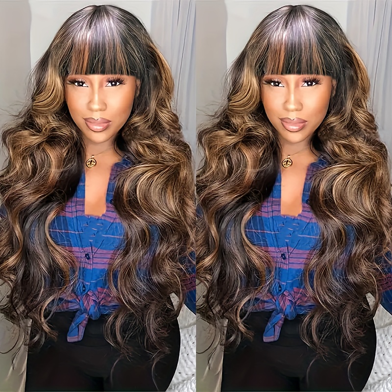 

P1/27 Ombre Blonde Body Wave Wigs With Bangs Human Hair Brazilian Virgin Human Hair Wigs For Women None Lace Front Wigs 180% Density Glueless Machine Made Wig