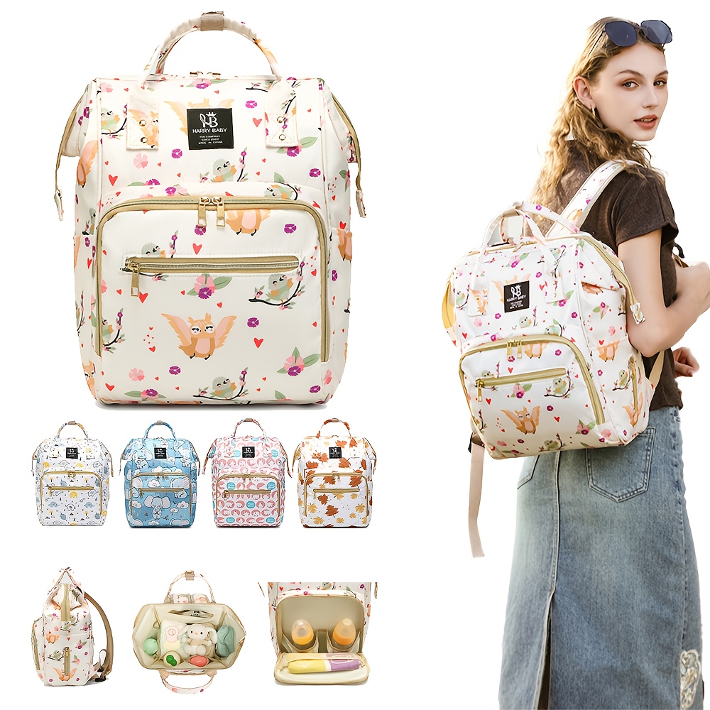 floral pattern large capacity mom backpack soft shell oxford cloth diaper bag with zipper closure utility pocket multi compartment storage for casual use 0