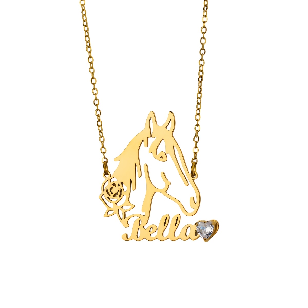 TEMU Gepersonaliseerde rozenketting met paardenpatroon en naam, roestvrijstalen ketting voor dames en heren, met geboortesteen en dierenbeeld,