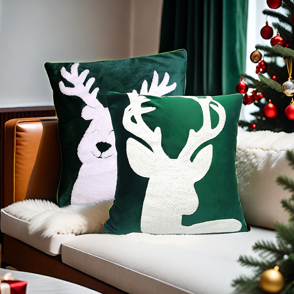 

Luxurious Velvet Dark Green Elk Snowman Embroidery Pillow Cover 45cmx45cm, Living Room, Bedroom Decor, Pillow Core Not Included