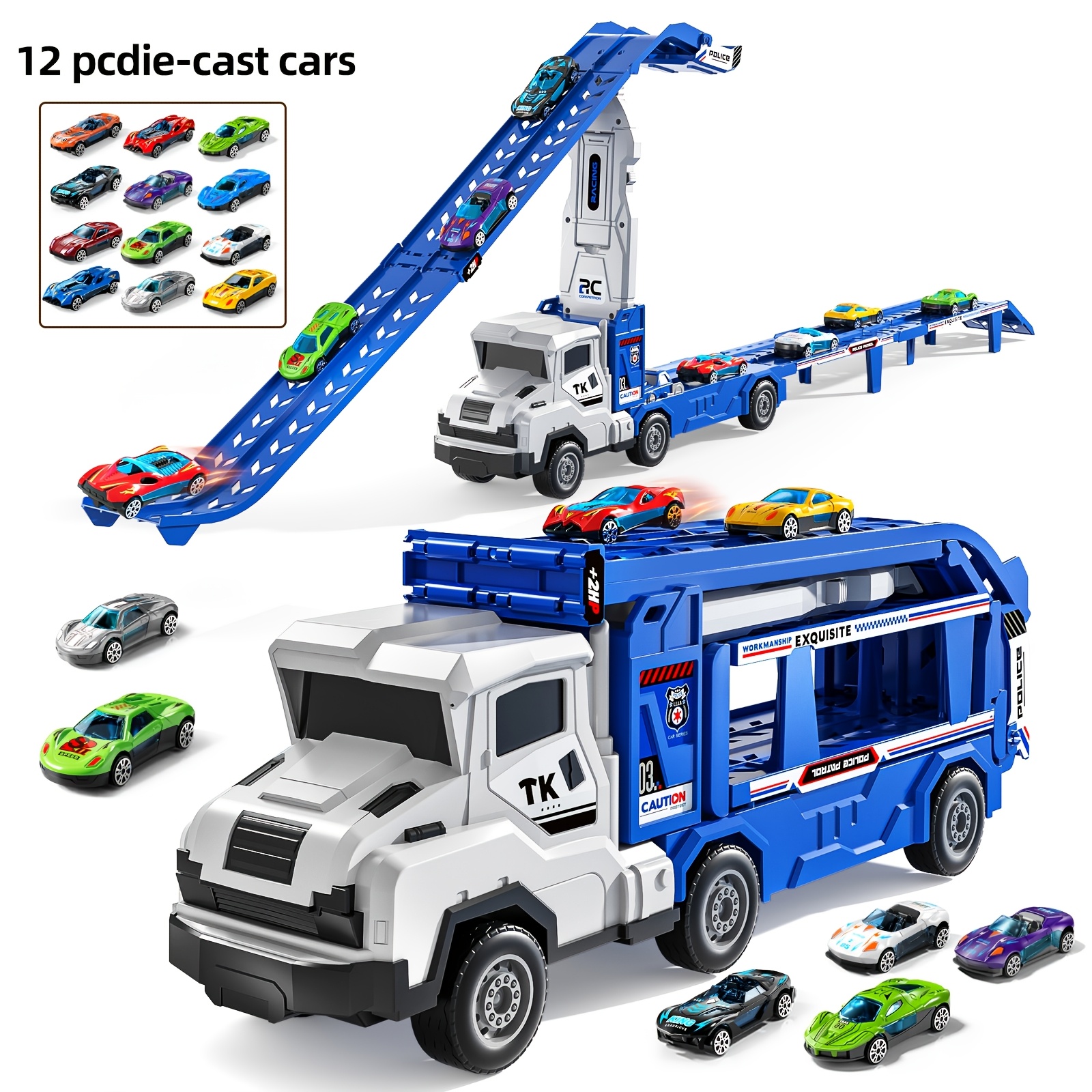 Image of 2-in-1 Foldable Car Transport Box For Trucks, Equipped With Race Track, 12 Cast-iron Cars, With , Plastic Structure, Children Birthday And Holiday Gift [random Color Of Additions]