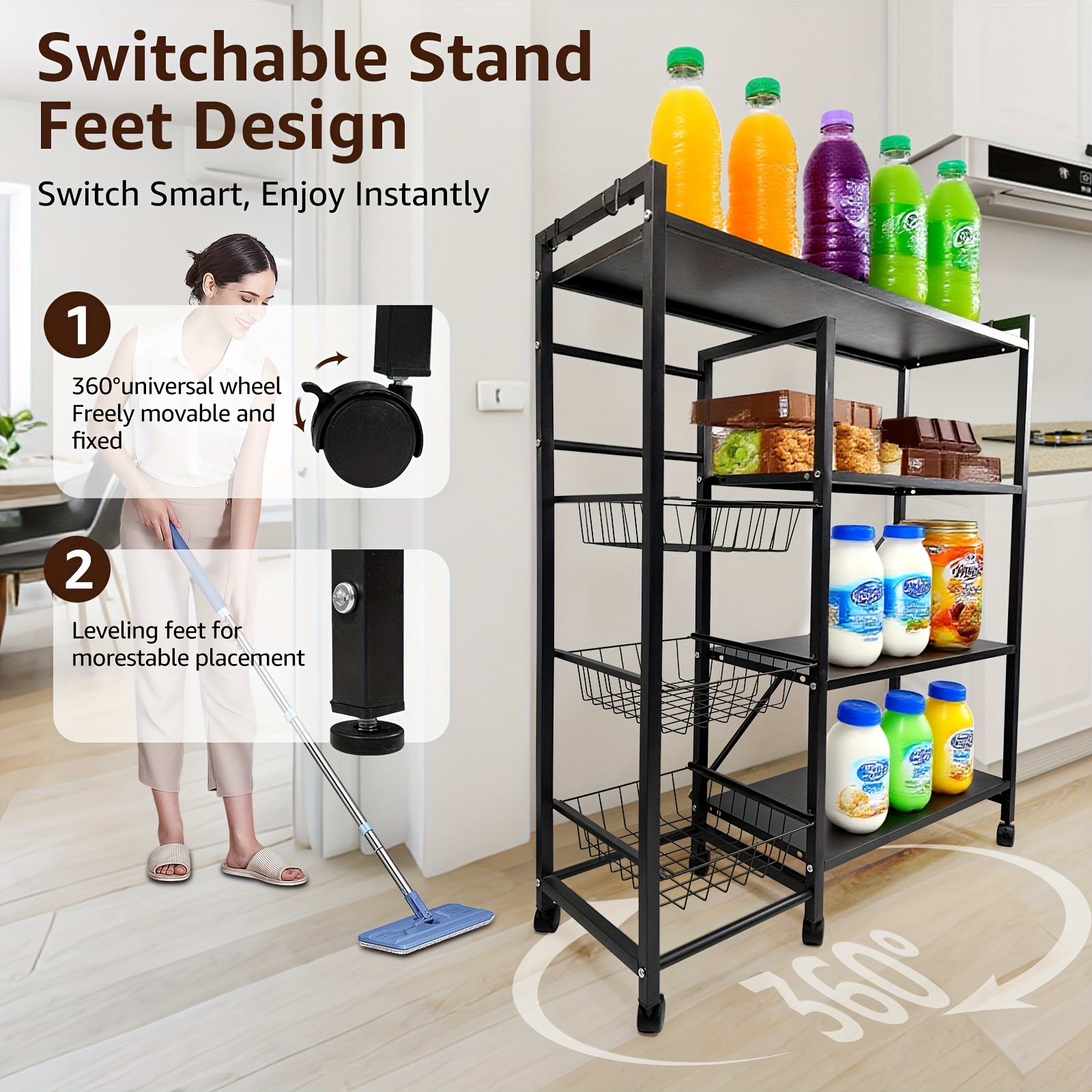 Multi-Purpose Rolling Kitchen Cart with 3-Tier Storage Baskets
