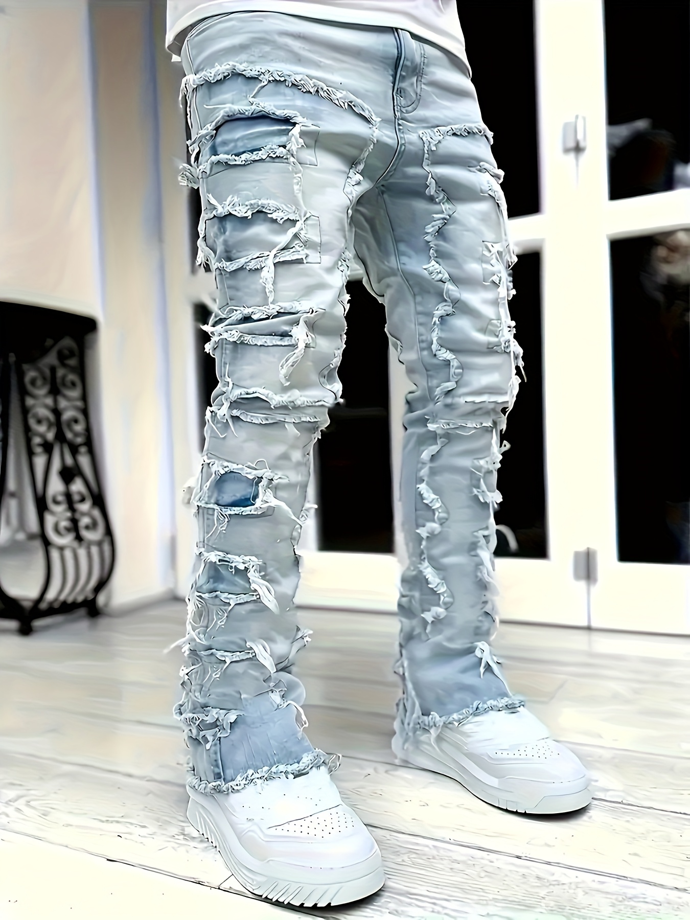 men's skinny ripped jeans fit denim pants - Temu