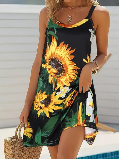 vibrant daisies sunflower western print strap beach dress sleeveless, flowy, above knee length, vacations - womens stylish clothing for warm weather | Shop Trends | Temu vibrant daisies sunflower western print strap beach dress sleeveless, flowy, above knee length, vacations - womens stylish clothing for warm weather | Shop Trends | Temu