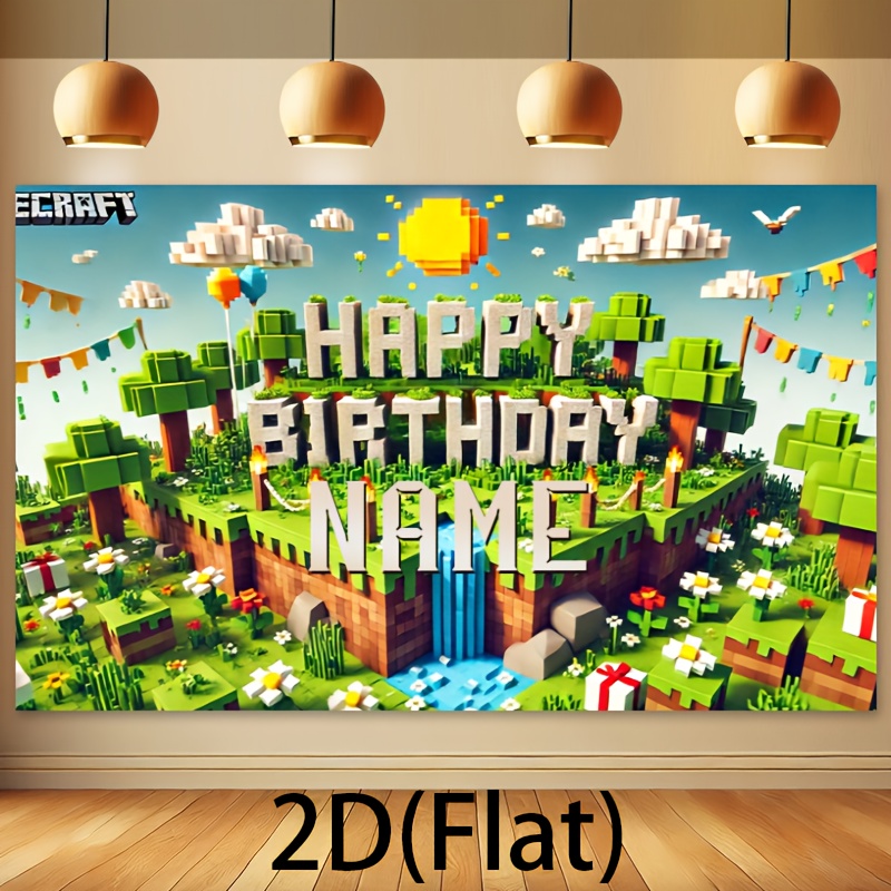 2d Flat, 2d Flat - 2d Flat, 2d Flat - 2d [custom] 1pc Large Size Personalized Name Happy Birthday Banner Backdrop, Pixel Style Game Theme Birthday Background With Print