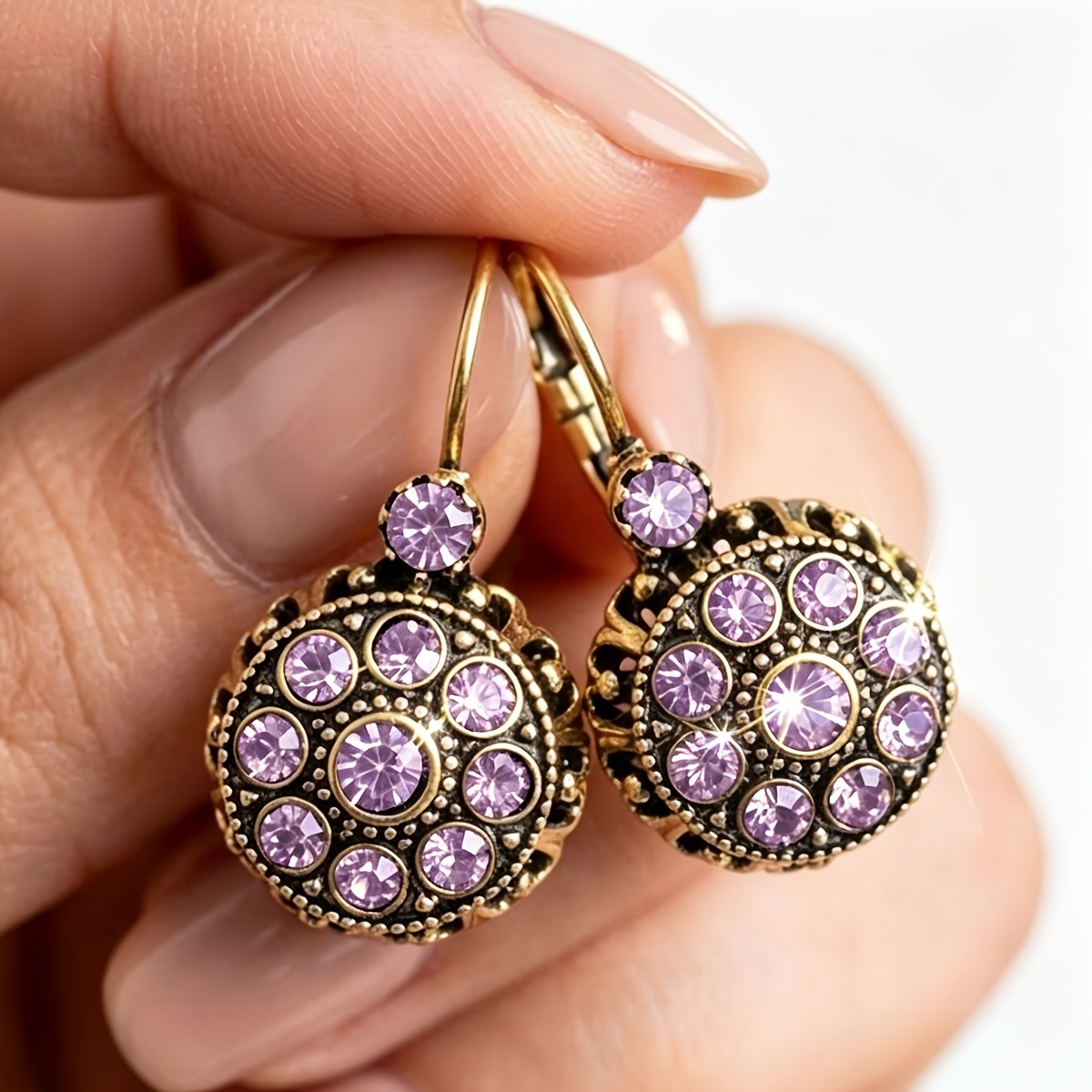 TEMU Style Purple Glass Geometric Round Pendant Earrings, Hollow Long Ear Hook Light Luxury Niche Earrings, Suitable For Women' Gatherings And