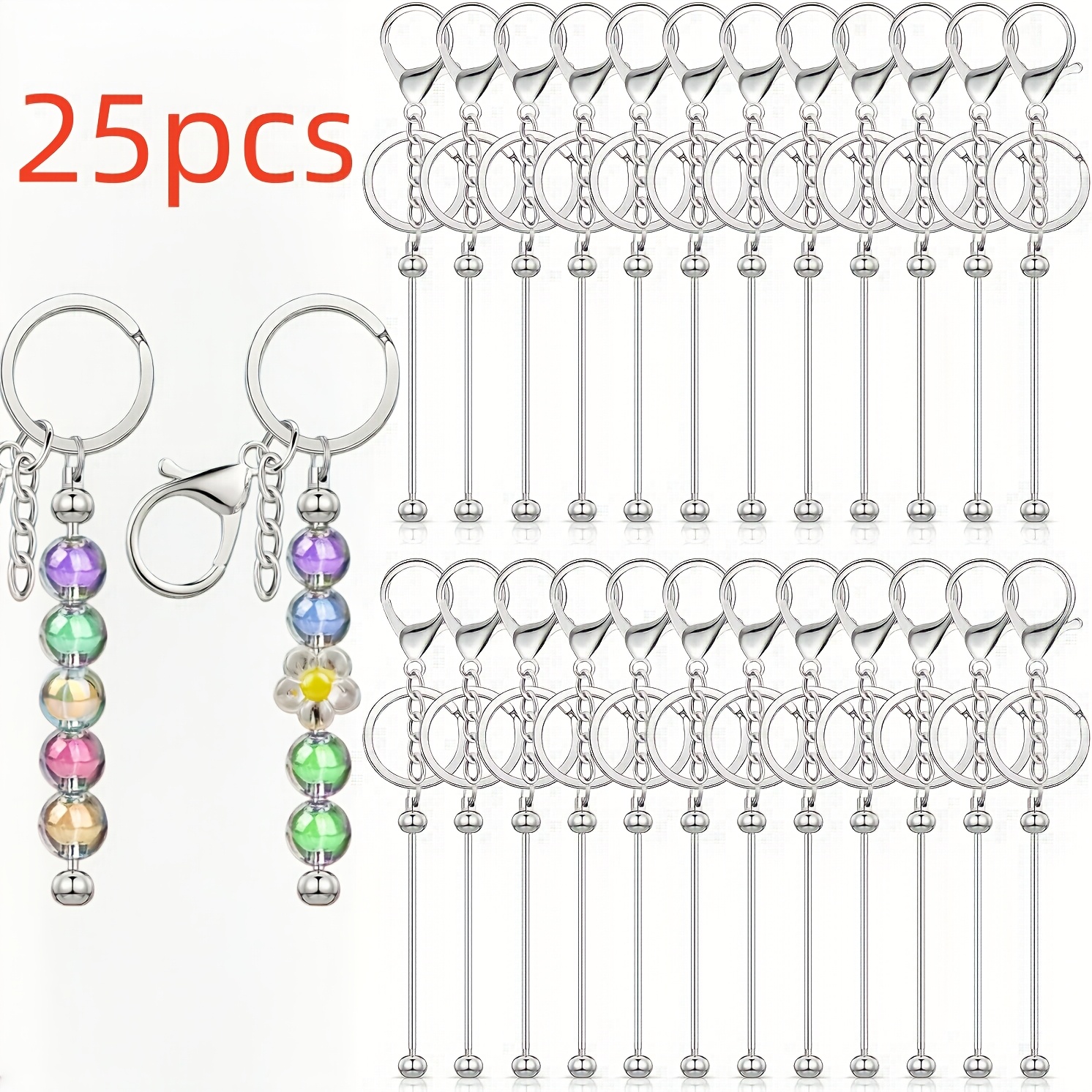 TEMU 25pcs Keychain Making Kit Men's Key Ring, Keychain Blank Beaded Keychain Set, Including Beaded Stick And Flat Lobster Clasp Beaded And Pendant