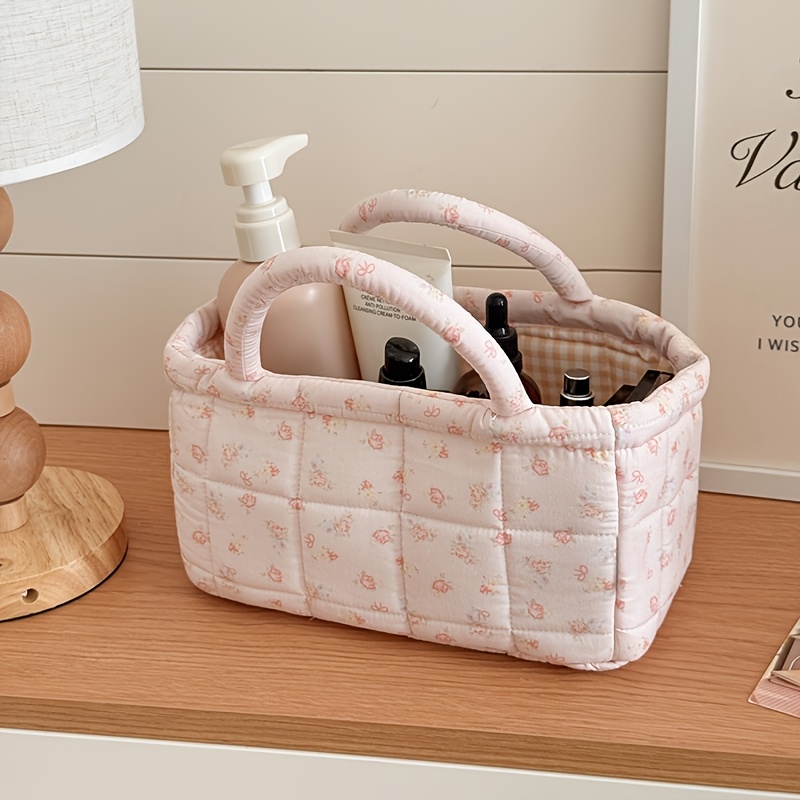 TEMU 1pc Rose Series Storage Basket, Desktop Snack And Sundries Organizer, Quilted Fabric Home Storage Basket, Shelf Baskets