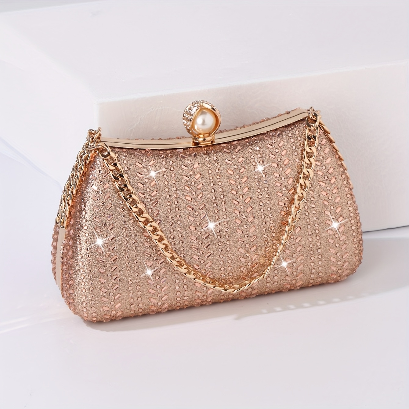 TEMU Ladies' Evening Clutch: 1 Champagne-colored Rhinestone-shaped Evening Bag, With Luxurious Sequins And Featuring A Stylish Metal Chain Wrist