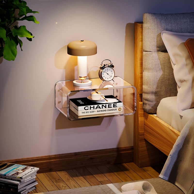 clear acrylic floating bedside table wall mounted nightstand with multiple compartments for bedroom decor no small spaces bedside storage modern bedside transparent acrylic bedside storage organize details 1