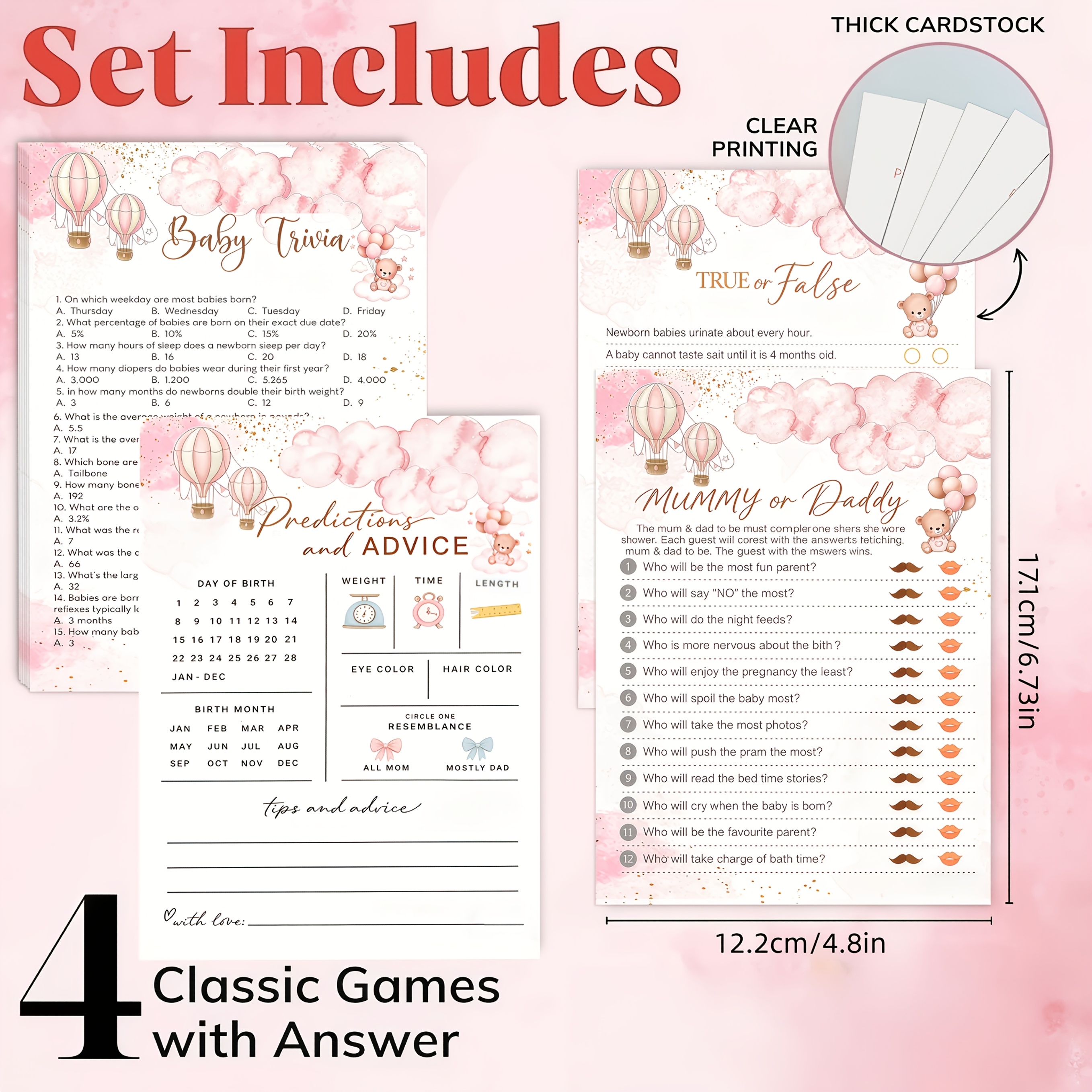TEMU 36 Sheets, Pink Hot Air Balloon Themed Shower Game Set, Activities: Messages, Predictions And , , And False Questions, Perfect For Showers,