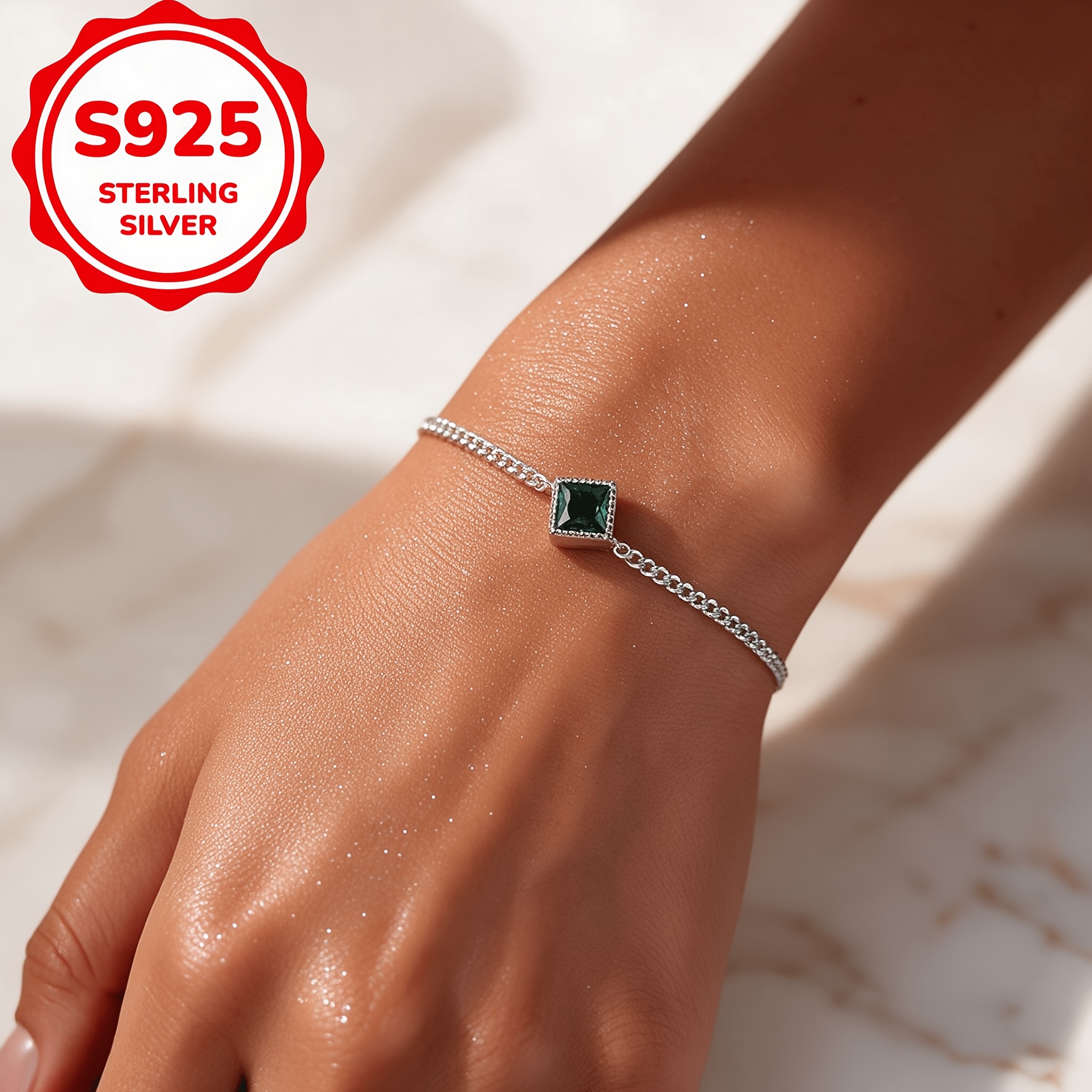 925 Silver Hollow Green Square Chain Bracelet, Creative Design