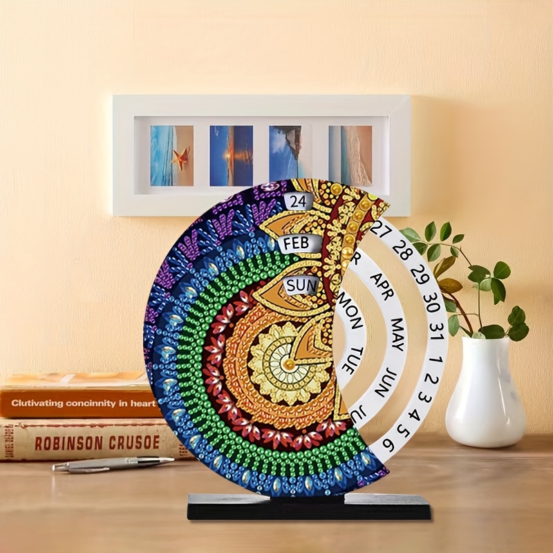 TEMU Diamond Painting Rotating Calendar Set - Floral Mandala Design With Special Shaped Diamonds, Featuring A Rotating Day, Month, And Week Calendar