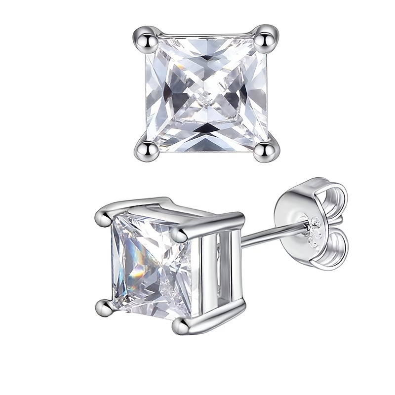 TEMU 925 Sterling Silver 6mm Stud Earrings Set For Men And Women, Square Cubic Synthetic Zirconia Hypoallergenic Earrings, Suitable For Weddings,
