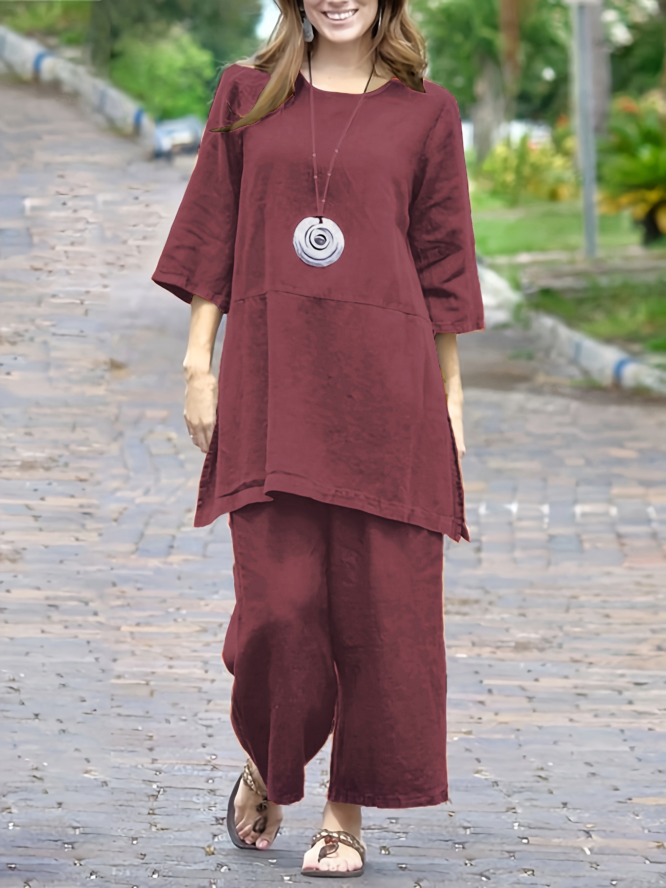 dames ademend zacht linnen shirt en broek set natuurlijke stof