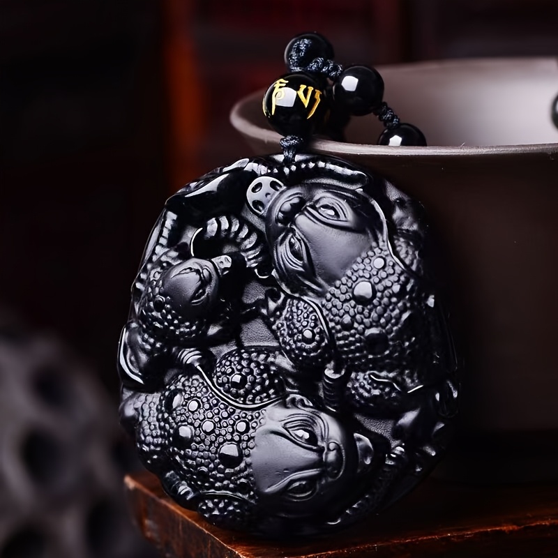 Exquisite Hand-Carved Obsidian Toad Pendant Necklace