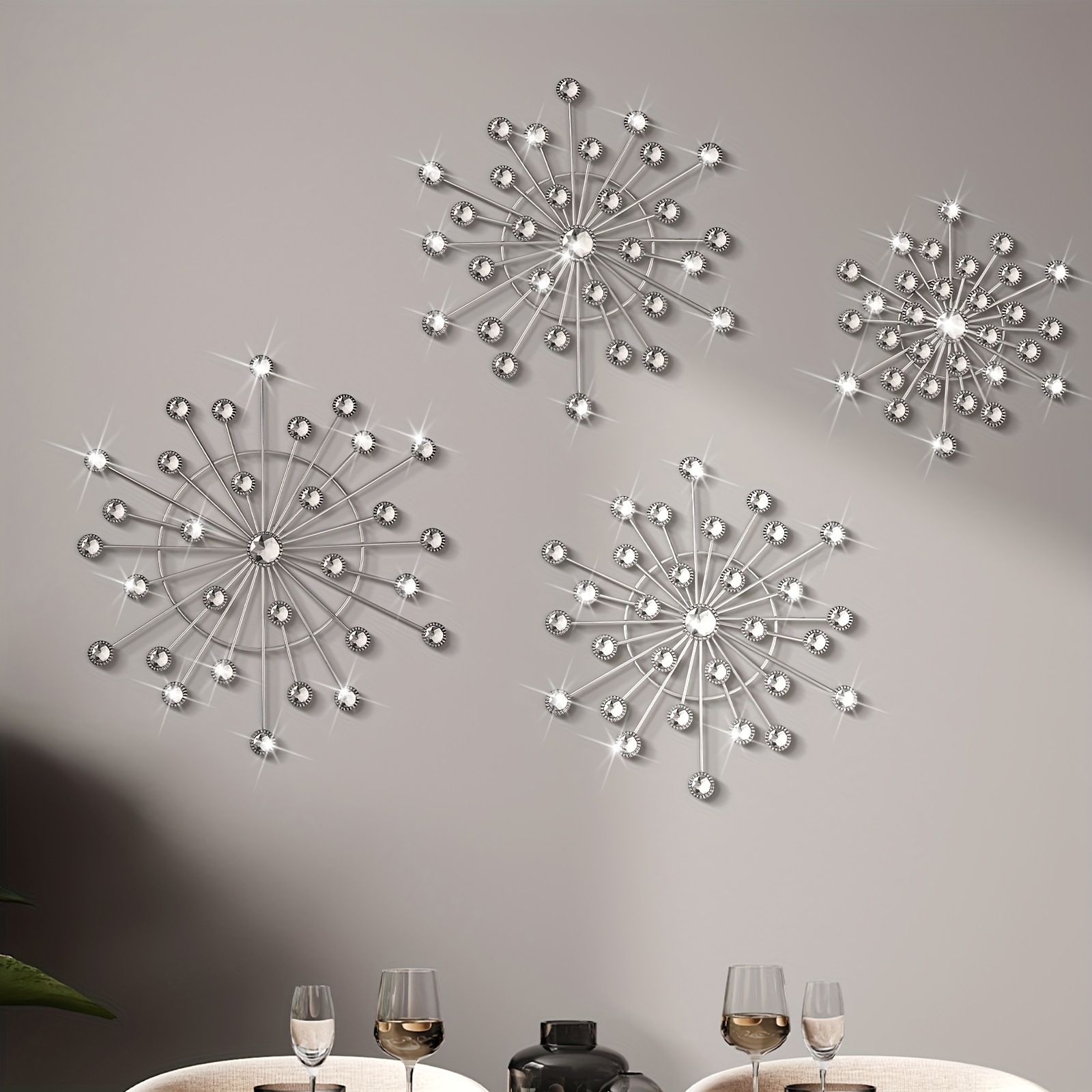 TEMU 4pcs Metal Wall Decor Bling Art Cast Iron Rhinestones Decor Starburst Art Hanging Diamond Accents Home Decorative For Living Room Bedroom
