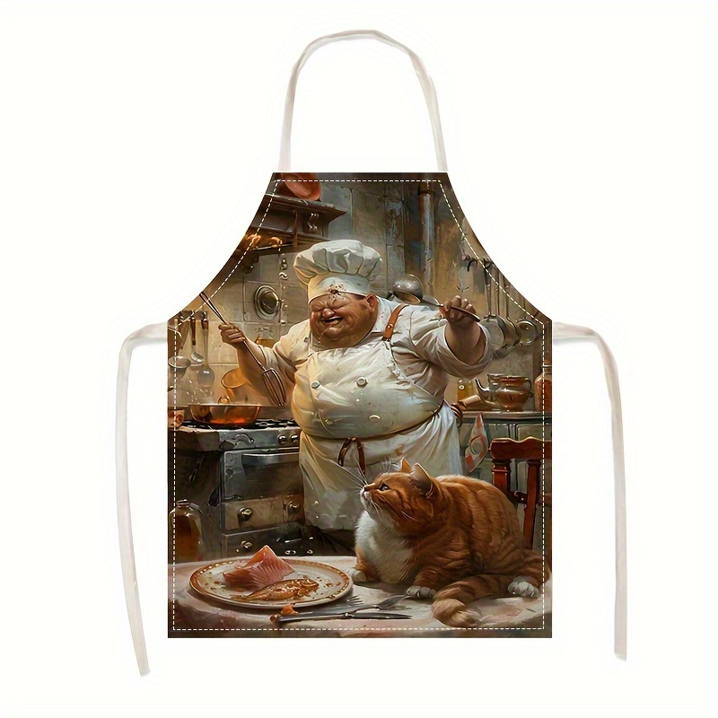 

1pc Chef-inspired Linen Kitchen Apron - Print, Stain-resistant Cooking Bib For