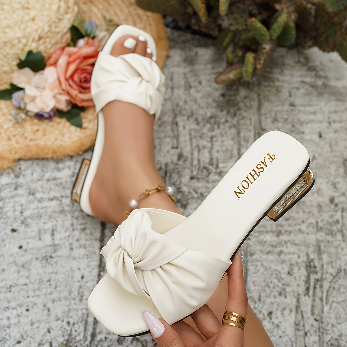 Image of Elegant Women Shoes Shoes Summer New Women's Fashion Low Heel Slippers French Low Heel Bow Beach Vacation Party Date Home Office Outdoor, Women Shoes
