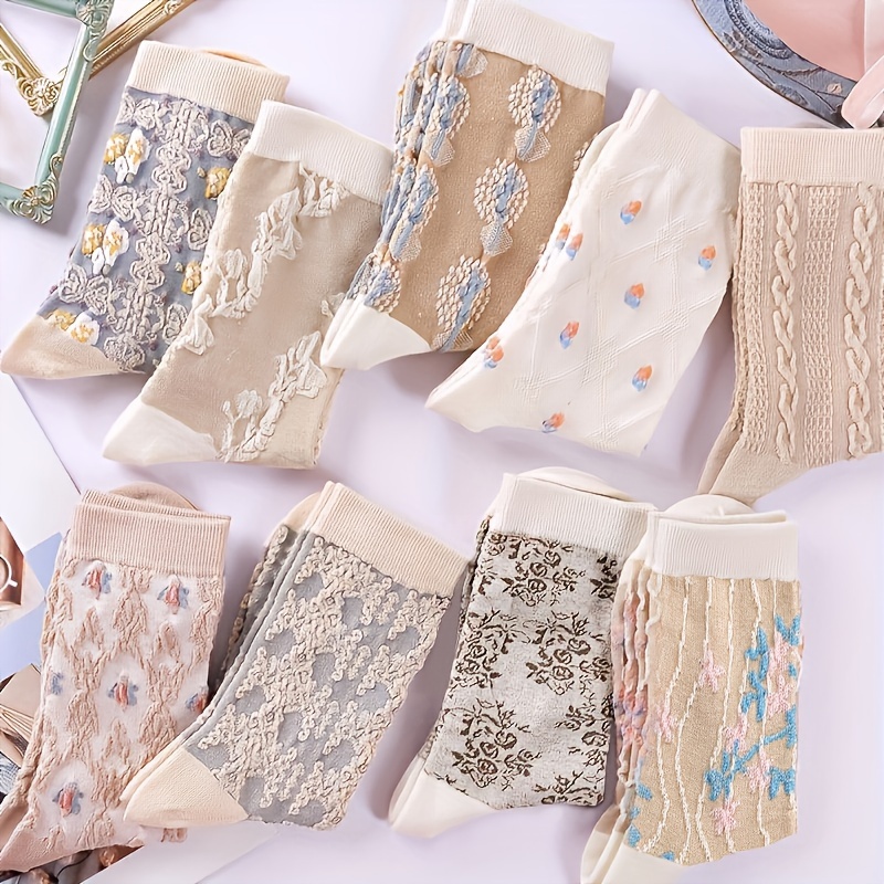 

9 Pairs Floral Pattern Socks, Retro & Warm Mid Tube Socks, Women's Stockings & Hosiery