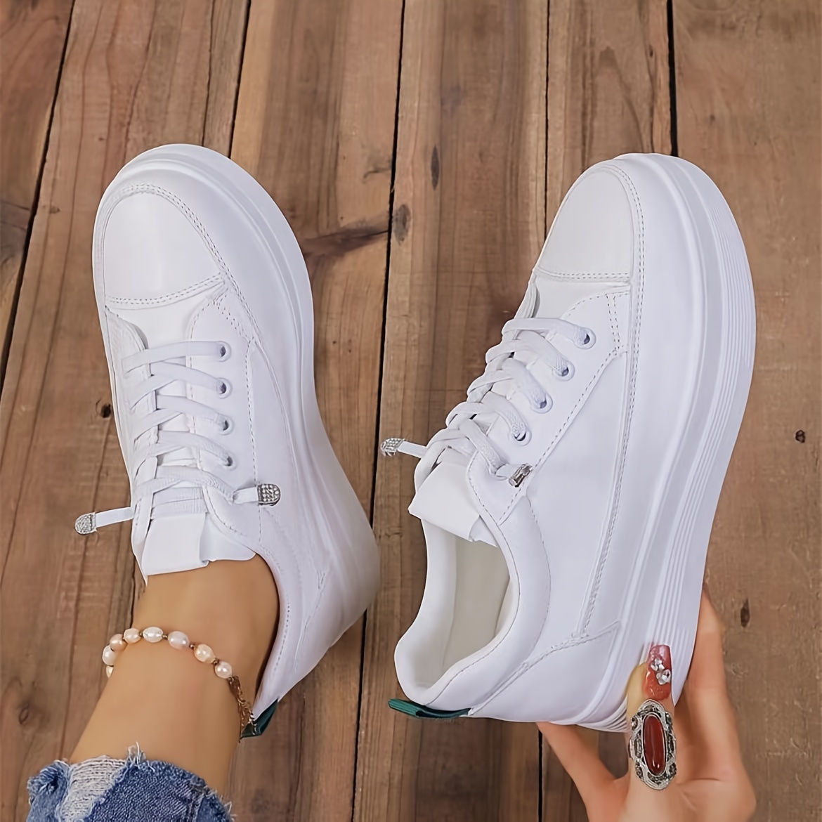

Women's White Platform Sneakers, Casual Lace-up Fashion Shoes With Soft Sole, Comfortable Walking Footwear For Daily Wear