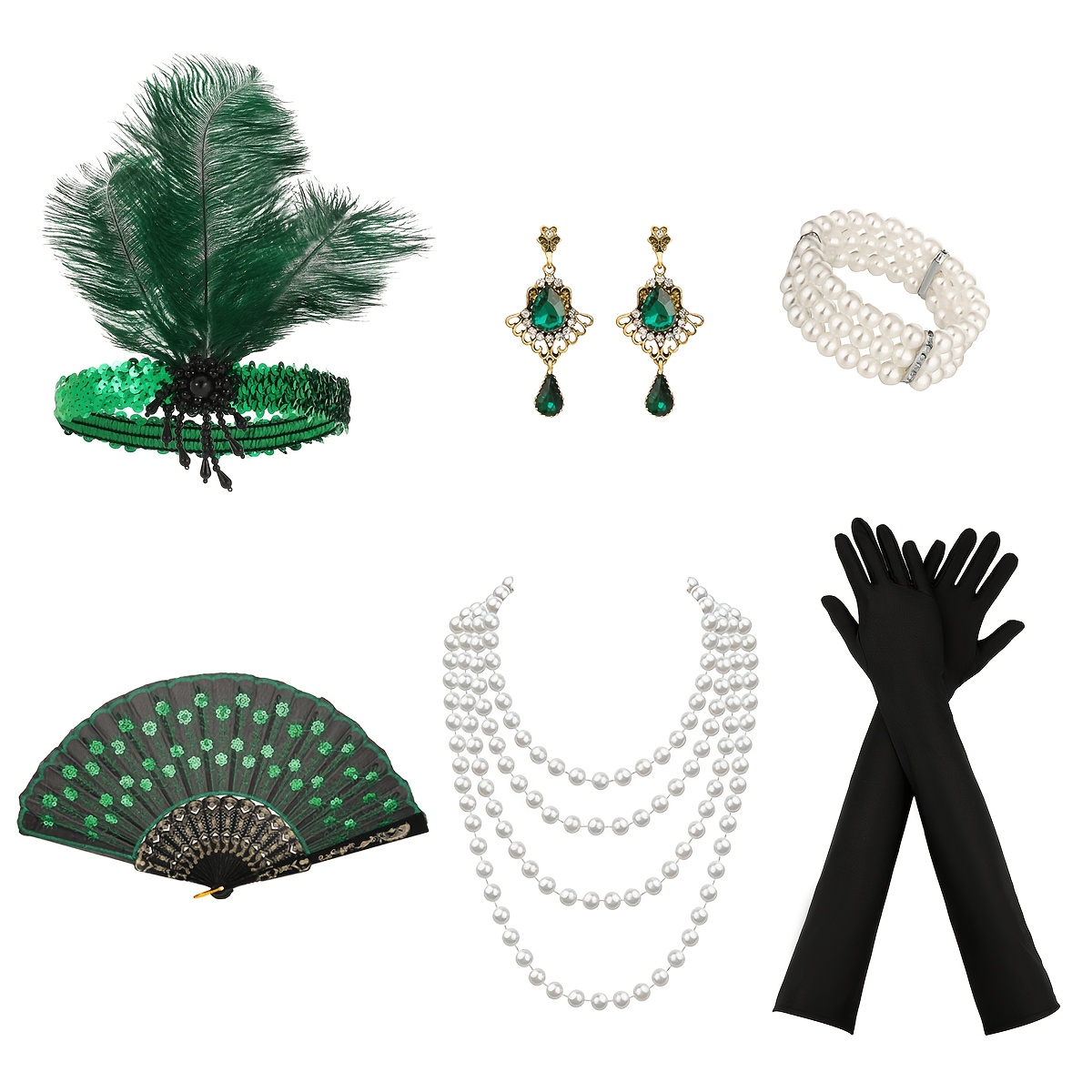 TEMU 6pcs 1920s Vintage Party Women's Costume Flapper Headband Set, Includes 1 Feather Headpiece, 1 Necklace, 1 Bracelet, 1 Pair Of Women's Gloves, 1