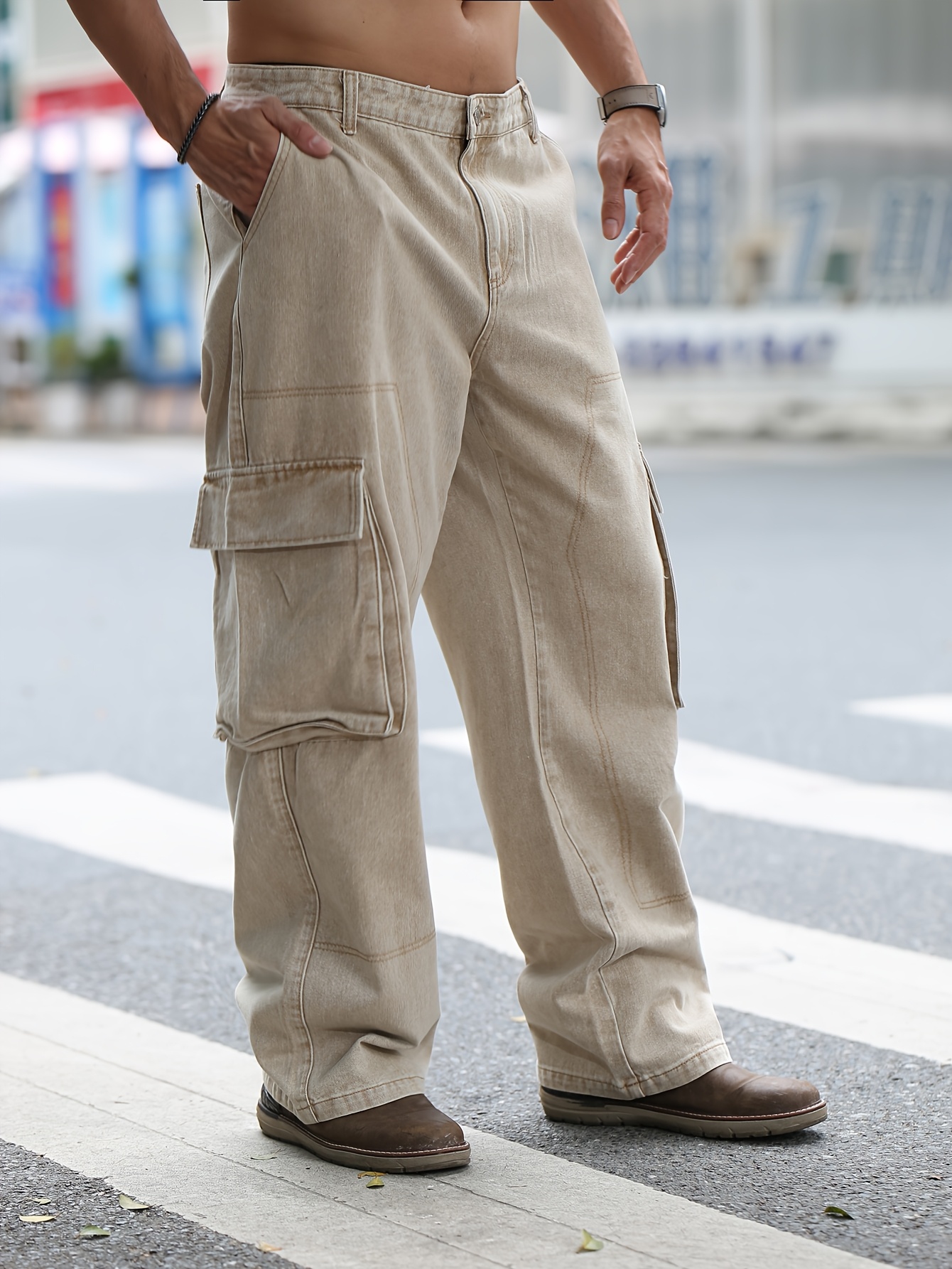 Large Size Men's Solid Color Loose Straight Side Pocket Washed Work Denim Jeans #D7606