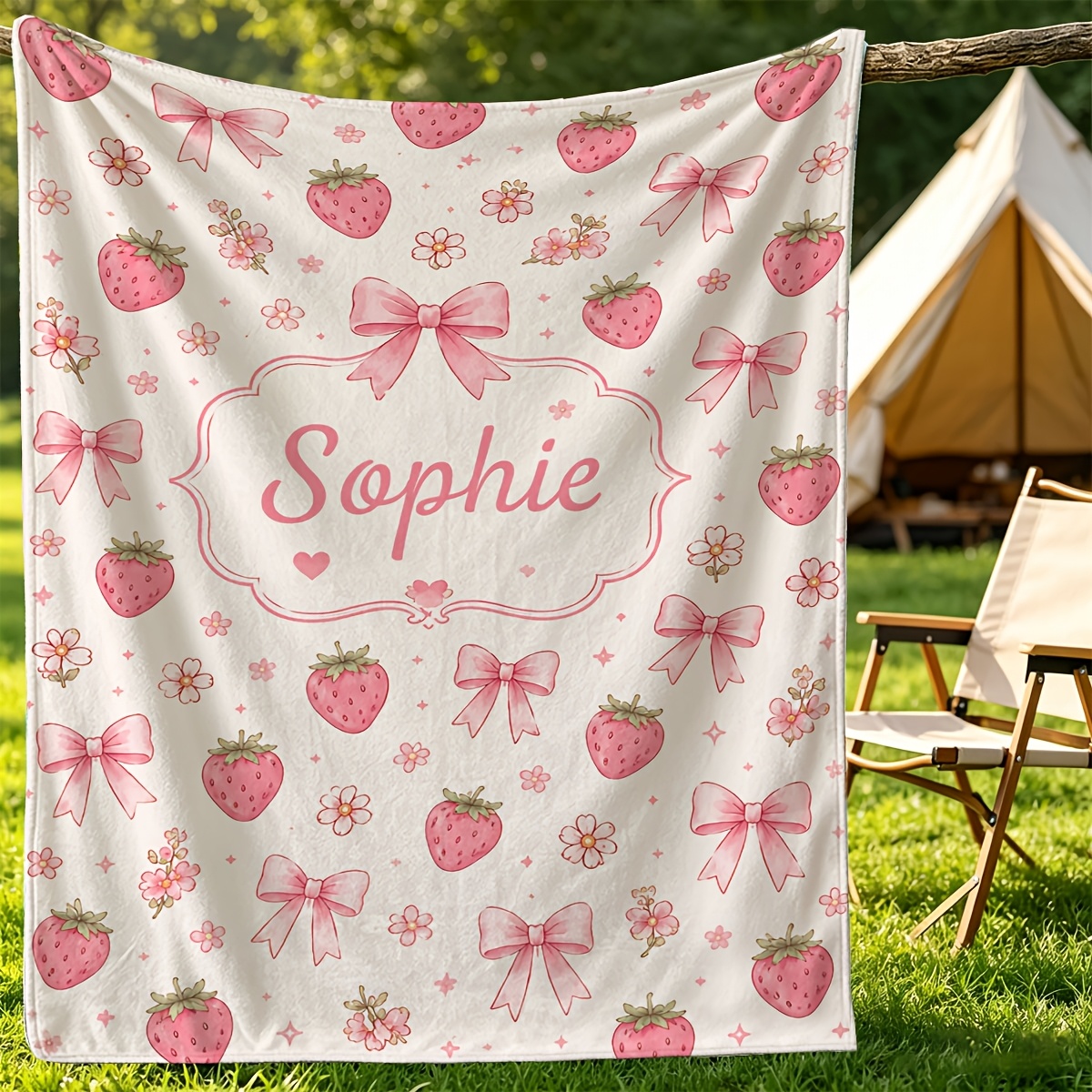 Custom Name Pink Strawberry Floral Pattern Flannel Blanket