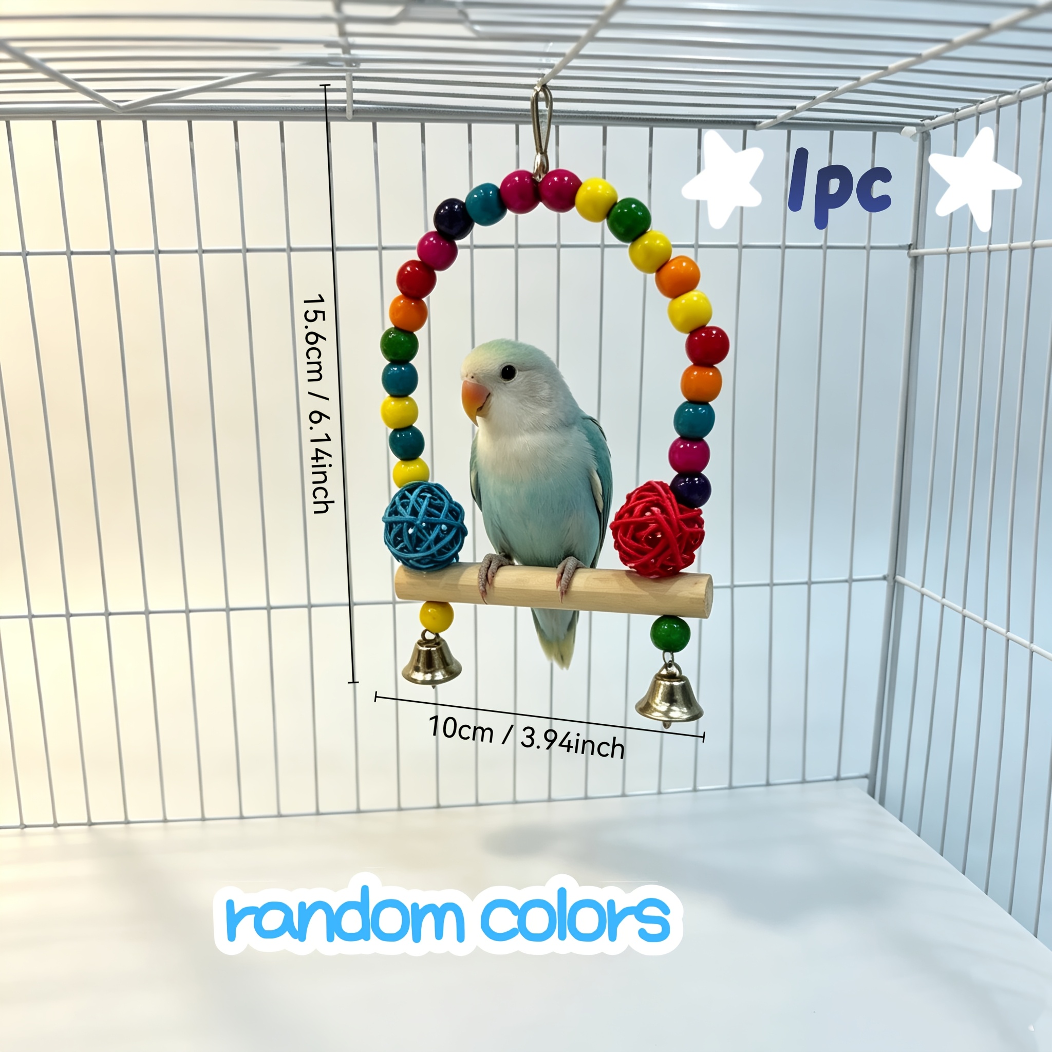 TEMU 1pc Colorful Wooden Perch Toy, Equipped With Beads, Rattan Chew Balls And Metal Bells, Easy To Hang On Bird Cage. Suitable For Budgies, Feather
