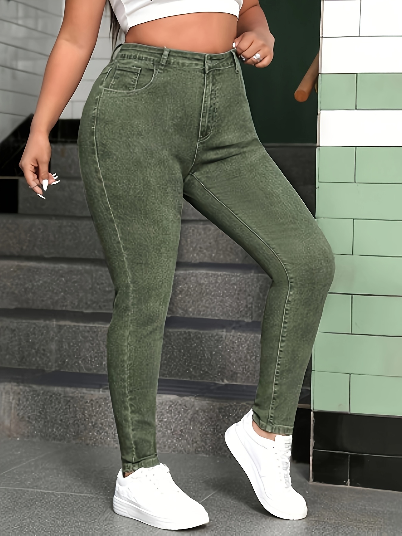 womens olive green stretch skinny jeans Temu