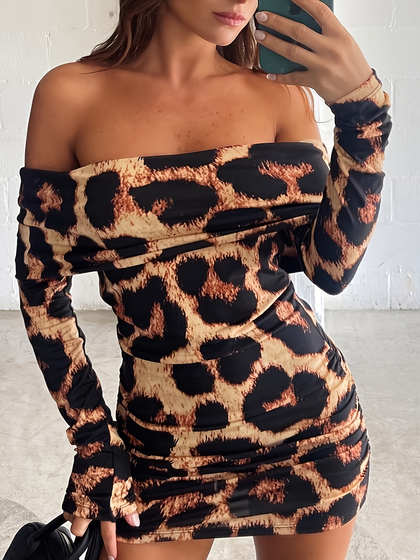 New Off-the-Shoulder Leopard Print Dress with Long Sleeves, Ruffled, Bodycon, a… - Image 4