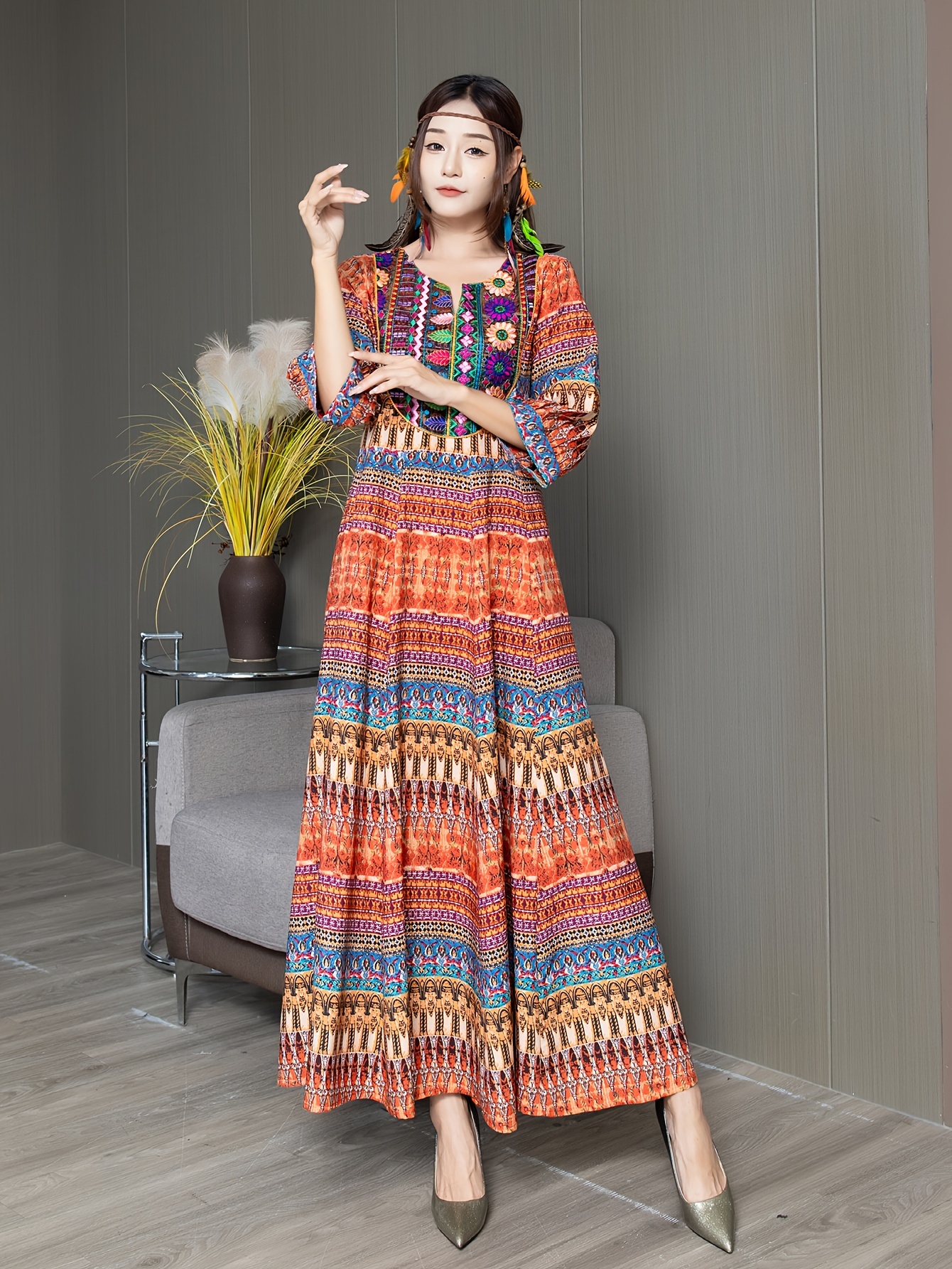 bohemian embroidered maxi dress vibrant ethnic style long - Temu Morocco