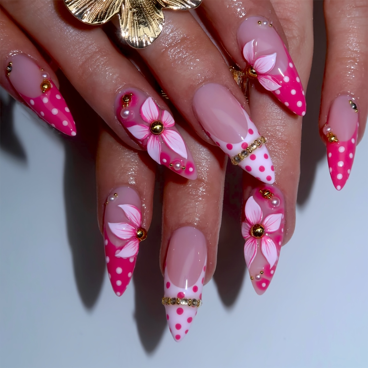 TEMU 24pcs Long Fake Nails Suitable For Women & - Pink Polka & 3d Floral Press- Nails With Golden Rhinestone French Tips, Almond Shape Pre-made
