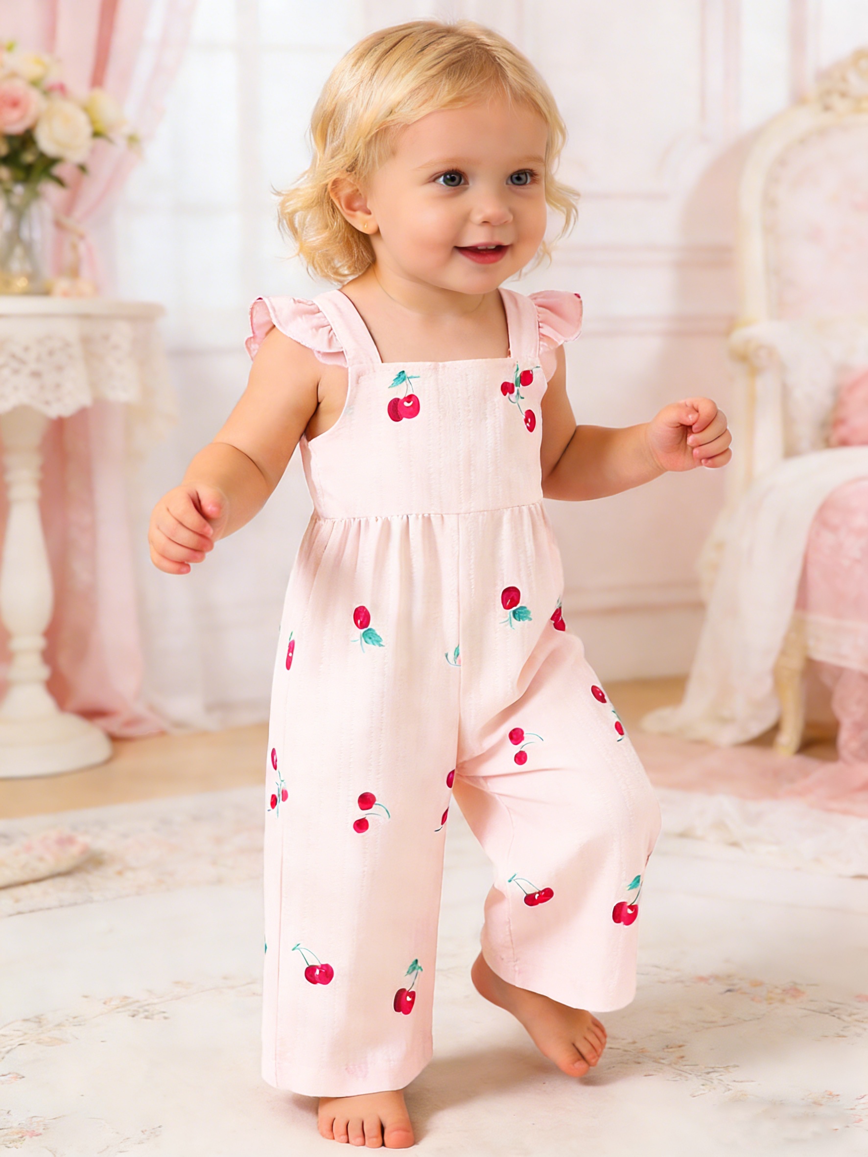 summer european and   baby girl onesies retro casual onesies with cute cherry prints   flutter sleeves suitable for daily wear outdoor activities   outdoor