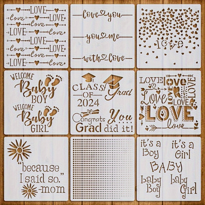 

9-piece Love & Celebration Themed Cookie Stencil Set, 6x6 Inch Reusable Templates For Graduation, Birthdays & More - Perfect For Royal Icing & Airbrush , Craft Painting - Ivory Pet Material