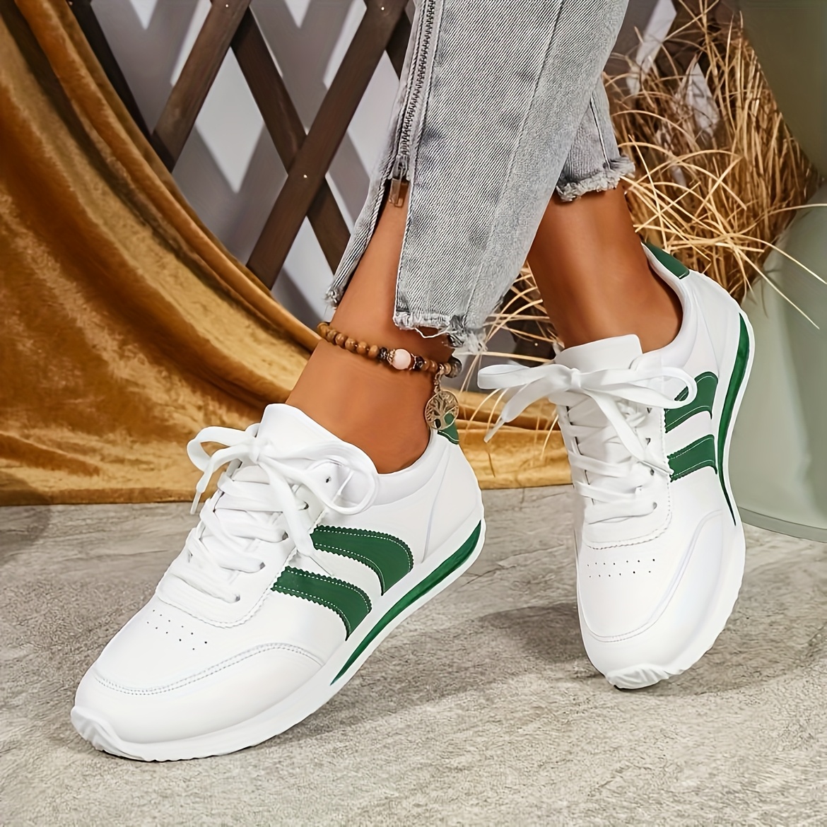 Women'S Casual Sneakers, Lightweight White Synthetic Upper with Navy Blue/Green Stripe Accents, EVA Sole Lace-Up Low-Top Design, All-Season Wear, for Daily Use, Outdoor Sports, Parties, Fitness, Beach Activities, Vacations & Holiday Gifts