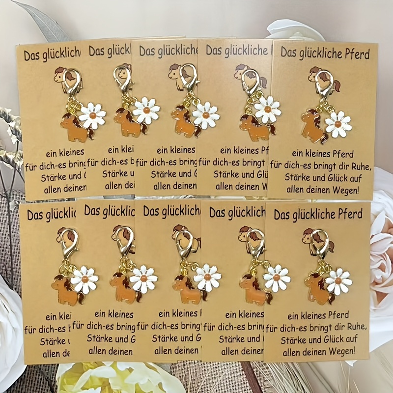 10pcs German Good Luck Horse & Daisy Keychain Set With Charm Cards - Metal/ Paper Horse Figurines & German For Weddings, Birthdays, Parties - Gifts, Durable Party Favors, Anniversary Keepsakes (10pcs)