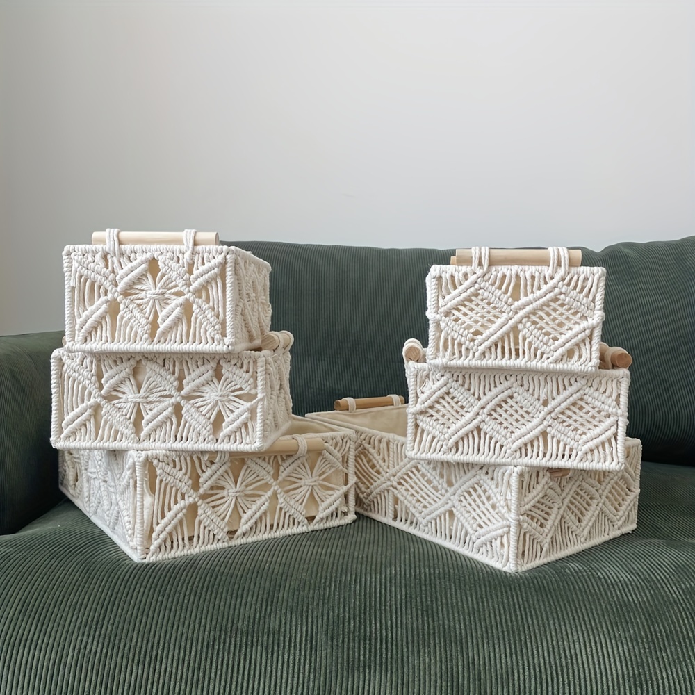 item picture a set of three woven storage baskets made of polyester rope with wooden handles shelf baskets