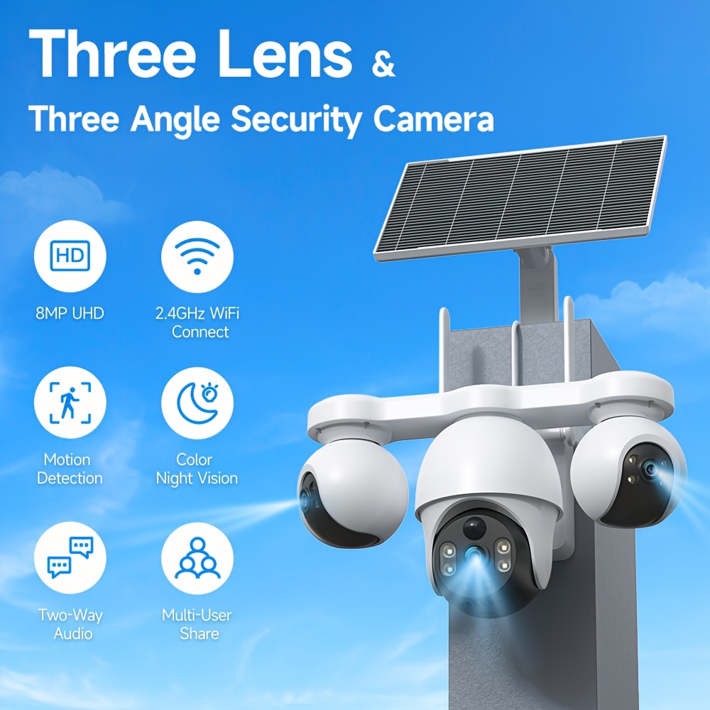Image of V380max Smart Camera | 8mp Recording, Supports 2.4ghz Wi-fi & 4g Lte, Solar-powered Wireless Surveillance System. Features 360° Rotation, Color Night Vision, Audio, And A Six-motor Triple- With M