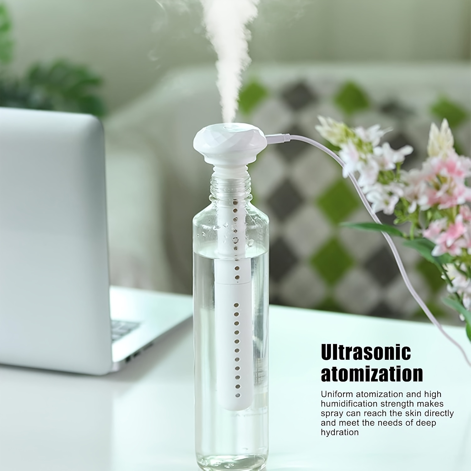 Portable Mini Humidifier, Usb-Powered Desktop Ultrasonic Cool Mist Machine, Suitable for Plants, Offices, Nurseries, Unscented, Fits Various Cups, No Water Tank, Ideal for Home And Travel.
